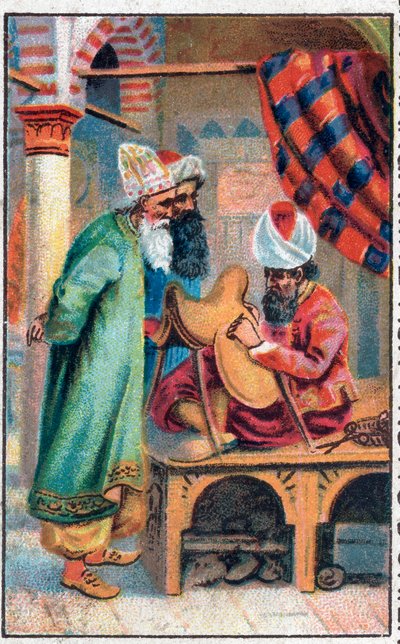 सिंदबाद एक काठी बनाता है। नाविक सिनाबाद (सिंदबाद) का अद्भुत रोमांच। 1001 रातों (एक हजार एक रात) की लोकप्रिय कहानी। 19 वीं शताब्दी के उत्तरार्ध की क्रोमोलिथोग्राफी। द्वारा अज्ञात कलाकार