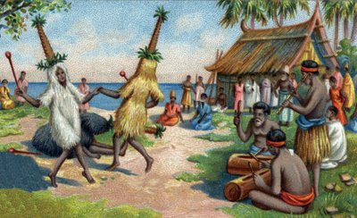 दक्षिण प्रशांत द्वीप नर्तक: वे धार्मिक समारोहों में चिड़ियों के पंखों, काकाटो और स्वर्ग के पक्षियों से बने कपड़े पहनते हैं। 19वीं सदी की क्रोमोलिथोग्राफी द्वारा अज्ञात कलाकार