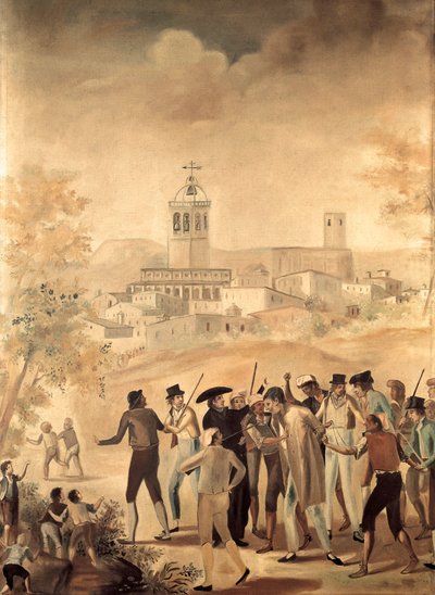 स्पेनिश स्वतंत्रता संग्राम (1808-1814): मनरेसा के करीबी एक फ्रांसीसी नागरिक की गिरफ्तारी, बेनामी पेंटिंग। द्वारा अज्ञात कलाकार