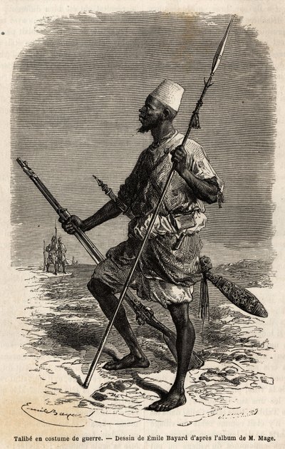 तालिब (कुरान का अध्ययन करने वाला एक युवा छात्र) एक युद्ध सूट में राजा अहमदू (टौकौलूर) की सेना से। 1863-1866 में लेफ्टिनेंट (नौसेना) के पश्चिमी सूडान की यात्रा को चित्रित करने के लिए उत्कीर्णन, 1863-1866 में, "ले टूर डू मोंडे, नोव्यू जर्नल डेस वॉयेज&qu द्वारा अज्ञात कलाकार