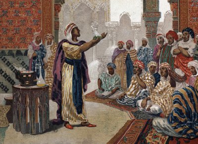 अरब कीमियागर गेबर (जाबिर इब्न हेयान) (v721-v815), रसायन शास्त्र को उकेरता है। बार्सिलोना 1881 द्वारा अज्ञात कलाकार