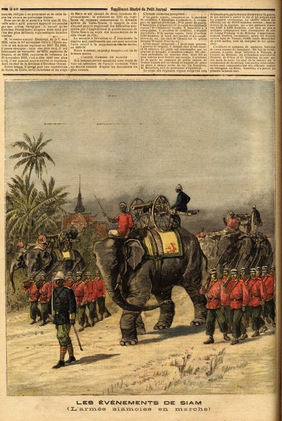 सियाम की आर्मी (थाईलैंड)। "" ले पेटिट जर्नल "" 29/07/1893 में उत्कीर्णन। सेल्वा द्वारा संग्रह। द्वारा अज्ञात कलाकार