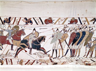 हेस्टिंग्स की लड़ाई, विलियम I द कॉन्करर (1027 - 1087) द्वारा 14/10/1066 को जीती गई और जिसके दौरान इंग्लैंड के राजा हेरोल्ड द्वितीय की मृत्यु (1022 - 1066) हुई। बेयुक्स टेपेस्ट्री, जिसे क्वीन मैथिल्डे की कढ़ाई के रूप में जाना जाता है द्वारा अज्ञात कलाकार
