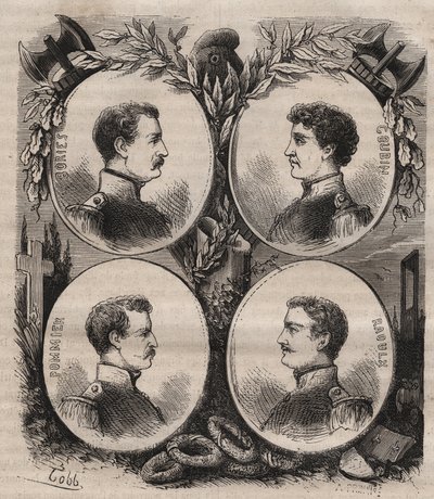 ला रोशेल के द फोर सर्जेंट (जीन फ्रेंकोइस बॉरीज़ (1795-1822), जीन जोसेफ पॉमियर (1796-1822), मारियस क्लाउड राउलक्स (1797-1822)) और चार्ल्स गौबिन (1798-1822) ने बहाली की इच्छा के तहत आरोप लगाया। 1822 में राजशाही और गिलोटिन द्वारा अज्ञात कलाकार