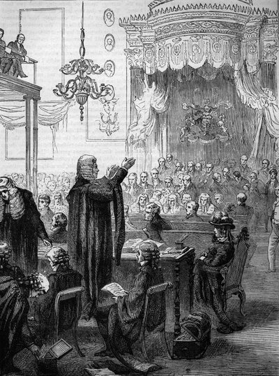 1820 में क्वीन कैरोलिन के परीक्षण के दौरान हाउस ऑफ लॉर्ड्स - रक्षा के लिए एमआर ब्रोघम का भाषण - कैरोलिन ऑफ ब्रंसविक-वोल्गेनबटेल (ब्रंसविक वोल्गेनबटेल) (1768-1821), ग्रेट ब्रिटेन और आयरलैंड के जॉर्ज IV की पत्नी द्वारा अज्ञात कलाकार