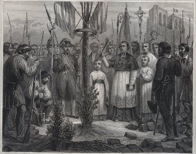 क्रांति के दौरान एक लिबर्टी ट्री का वृक्षारोपण (लिबर्टी पोल) - फ्रांसीसी क्रांति के दौरान फ्रांस में प्लांटेशन डी'उन अर्ब्रे डे ला लिबर्टे (पॉप्लर) - "लेस फास्ट्स पॉपुलेयर, ओ हिस्टोइरे डेस हीरोइक्स डू पीपल एट डे सोन प्रभाव" में उत्कीर्णन द्वारा अज्ञात कलाकार