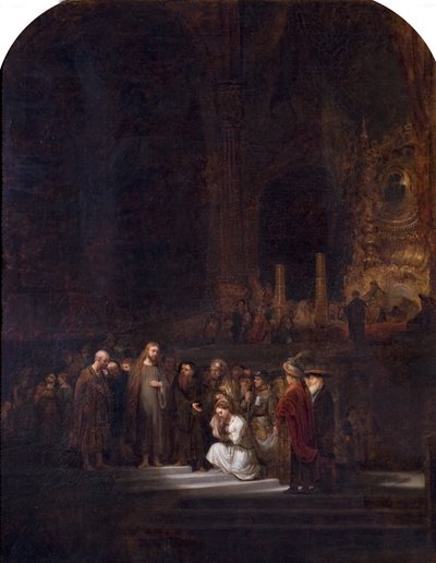 द वुमन टेकन इन एडुल्ट्री (रिमब्रांड्ट के बाद), c.1845 द्वारा अज्ञात