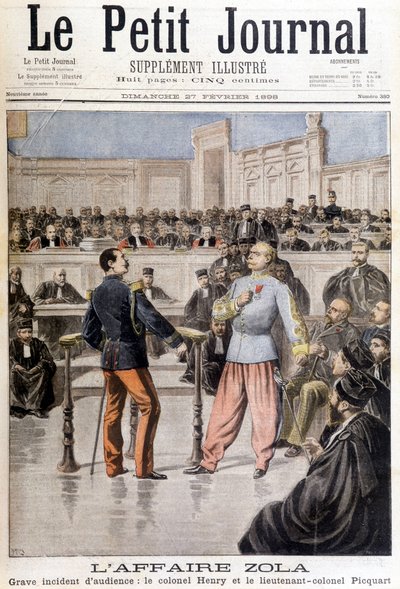 ज़ोला मामला: कर्नल ह्यूबर्ट हेनरी (1846-1898) और लेफ्टिनेंट कर्नल जॉर्जेस पिक्वार्ट (1854-1914) के बीच सुनवाई की गंभीर घटना - 27/02/1898 के "ले पेटाइट जर्नल" में द्वारा अज्ञात कलाकार