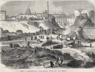 एम्फीटेट्रिस्ट गैलो रोमेन ने 1870 में पेरिस के रुए मोंगे में आज एरेन्स डी लुटेस की खोज की। 19वीं सदी की नक्काशी। द्वारा अज्ञात कलाकार