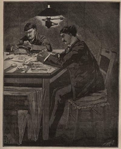 लैपिडरी की कला: कैमी शेल (केमी-शेल) की नक्काशी। एडोल्फ बिटार्ड द्वारा 1885 से "लेस आर्ट्स एट मेटियर्स इलस्ट्रेट्स" में उत्कीर्णन। द्वारा अज्ञात कलाकार