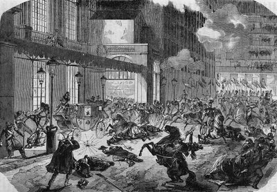 नेपोलियन III के खिलाफ इतालवी क्रांतिकारी फेलिस ओरसिनी (1819-1858) का हमला। पेरिस द्वारा अज्ञात कलाकार