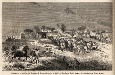 राजा अहमदौ (टौकौलूर) की सेना द्वारा संसदीग पर हमला, जहां से बाम्बारा भाग गया, उसने शरण ली। 1863-1866 में लेफ्टिनेंट (नौसेना) के पश्चिमी सूडान की यात्रा को चित्रित करने के लिए उत्कीर्णन, "ले टूर डू मोंडे, नोव्यू जर्नल डेस वॉयेज" में प्रकाशित, यू द्वारा अज्ञात कलाकार