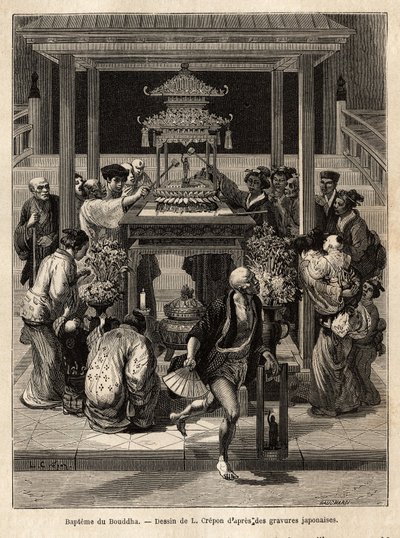 बुद्ध का बपतिस्मा, एक वार्षिक भोज जो चौथे महीने के 8वें दिन होता है, भक्तों ने इस अवसर के लिए मंदिरों के सामने बुद्ध की कांस्य प्रतिमा को पानी पिलाया। जापान की यात्रा को चित्रित करने के लिए उत्कीर्णन, एमी हम्बर्ट द्वारा, मिनो द्वारा अज्ञात कलाकार