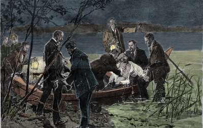 जून 1886 में बर्ग कैसल के पास लेक स्टर्नबर्ग में बाविएर विटल्सबैक (1845-1886) के लुई (लुडविग) II का शरीर डॉ। गुडन के साथ डूबा हुआ पाया गया द्वारा अज्ञात कलाकार