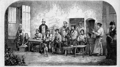 शैम्पेन वाइन की बॉटलिंग। 1864 से उत्कीर्णन। द्वारा अज्ञात कलाकार