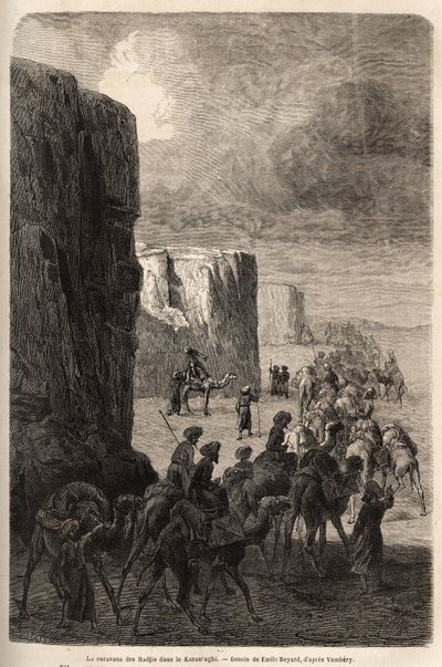कोरांतघी (फारस, ईरान) में हाजियों (मुस्लिम पेलेरिन) का कारवां। 1863 में मध्य एशिया की यात्रा को चित्रित करने के लिए एमिल बेयार्ड (1837-1891) द्वारा चित्रण, अर्मिनियस वाम्बरी (दरवेश में हंगेरियन वैज्ञानिक भेस) द्वारा। "" ले टूर डू मोंडो में उत्कीर द्वारा अज्ञात कलाकार