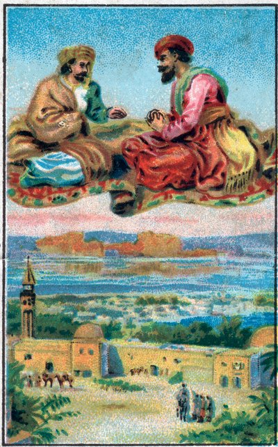 कालीन प्रसन्न करता है। प्रिंस अहमद का इतिहास और शुल्क पेरिस-बनौ (परी बनौ) (परिबानु)। 1001 रातों की कहानी (हजार और एक रात की दास्तां)। 19 वीं शताब्दी के उत्तरार्ध की क्रोमोलिथोग्राफी। द्वारा अज्ञात कलाकार