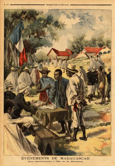 रीयूनियन द्वीप पर कॉइल; इसके निर्माण के बाद पहली बार, 1889 का कानून, जो उपनिवेशों के निवासियों को सैन्य दृष्टिकोण से, महानगर के सिपाहियों के बराबर करता है, उन सैनिकों को मजबूत करने के लिए लागू किया गया था जो संघर्ष करेंगे। द्वारा अज्ञात कलाकार