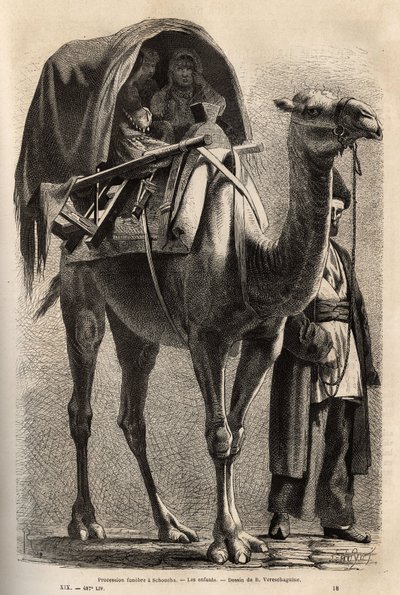 होसैन के शहीद का स्मारक जुलूस, शहीदों और प्रायश्चितियों के निधन के बाद, महिलाएं जुलूस में भाग लेती हैं, आधा ऊंटों पर छिपकर, परिवार के मुखिया द्वारा निर्देशित। काकेशस के प्रांतों में यात्रा को चित्रित करने के लिए उत्कीर्णन द्वारा अज्ञात कलाकार