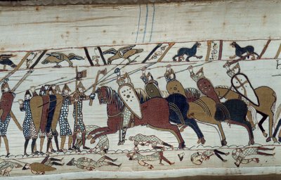 1066 में ड्यूक ऑफ नॉर्मंडी विलियम द कॉन्क्वेरेंट (1027-1087) द्वारा इंग्लैंड की विजय: सैक्सन घुड़सवार सेना के लिए नॉर्मन पैदल सेना का विरोध करने वाले हेस्टिंग्स की लड़ाई का दृश्य बेयॉक्स की टेपेस्ट्री या रानी मैथिल्डे की कढ़ाई का विवरण द्वारा अज्ञात कलाकार