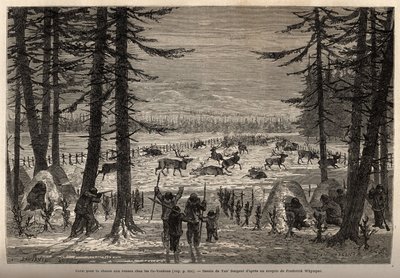 को-युकोन (सह-युकोन या सह-यूकौक) (अत्यंत उत्तरी कनाडा की भारतीय जनजाति) में हिरन के शिकार के लिए मूंगा। अंग्रेजी कोलंबिया, वैंकूवर द्वीप और अलास्का में यात्रा और रोमांच को चित्रित करने के लिए उत्कीर्णन द्वारा फ्रेडरिक व्हिम्पर द्वारा अज्ञात कलाकार