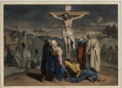 मसीह का सूली पर चढ़ना। क्रॉस पर शिलालेख "" INRI ""। 19वीं सदी के मध्य से अनाम उत्कीर्णन। द्वारा अज्ञात कलाकार
