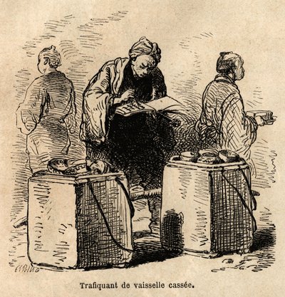 गंदे बर्तन का सौदागर। 1863-1864 में स्विस परिसंघ के मंत्री ऐम हम्बर्ट द्वारा जापान की यात्रा को चित्रित करने के लिए उत्कीर्णन, एडौर्ड चार्टन, हैचेट, पेरिस 1869 के निर्देशन में "ले टूर डू मोंडे" में प्रकाशित किया गया। सेल्वा संग्रह। द्वारा अज्ञात कलाकार
