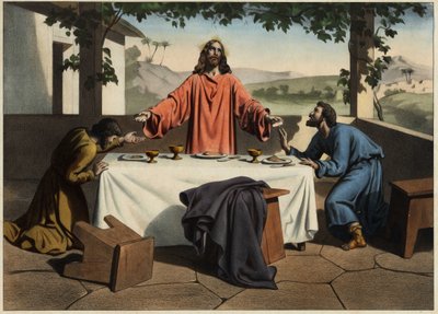 Emaus (Emmaus) के शिष्य ईस्टर की शाम को उठे हुए मसीह से मिलते हैं, जो रोटी साझा करते हैं। 19वीं सदी के मध्य से अनाम उत्कीर्णन। द्वारा अज्ञात कलाकार