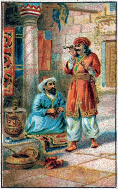 मनमोहक नली। प्रिंस अहमद का इतिहास और शुल्क पेरिस-बनौ (परी बनौ) (परिबानु)। 1001 रातों की कहानी (हजार और एक रात की दास्तां)। 19 वीं शताब्दी के उत्तरार्ध की क्रोमोलिथोग्राफी। द्वारा अज्ञात कलाकार