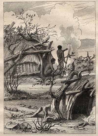 कैप्टन एटिने मारचंद (1755-1793) द्वारा दुनिया भर में अभियान (1790-1792): एंडडैच (ऑस्ट्रेलिया) की भूमि के स्वदेशी केबिन - "18 वीं शताब्दी के महान नाविक" से लिया गया चित्रण। द्वारा अज्ञात कलाकार
