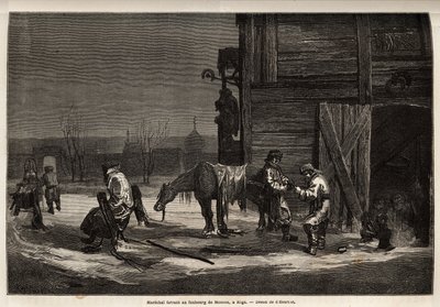 मास्को के उपनगर में फेरेंट मारेचल। 1851-54 में रूसी बाल्टिक प्रांतों की अपनी यात्रा को चित्रित करने के लिए हेनरीट द्वारा चित्रण। एडौर्ड चार्टन द्वारा संपादित "" ले टूर डू मोंडे "" में उत्कीर्णन द्वारा अज्ञात कलाकार