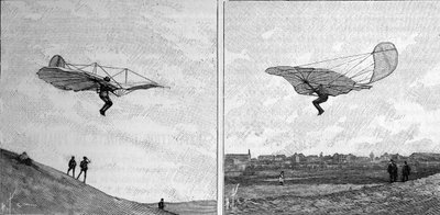 ओटो लिलिएनथल (1848-1896) का उड़ान विमान, जर्मन वैमानिकी अग्रणी, दो अलग-अलग स्थितियों में (एक तत्काल तस्वीर से)। 3 फरवरी 1894 को "" ला नेचर: रिव्यू डेस साइंसेज एट डे लेर्स एप्लिकेशन ऑक्स आर्ट्स एट ए एल 'इंडस्ट्री" में उत्कीर्णन। द्वारा अज्ञात कलाकार