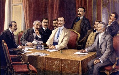 फिएट के संस्थापक एल। डेलानी द्वारा (1840 - 1908)। बाएं से (बैठे): काउंट बिसोमेटी, वकील रक्का, काउंट ब्रिचेरासो, सेरियाना, जियोवानी एग्नेली, वकील स्कार्फियोटी, फेरेरो और (खड़े) लुइगी डेमविनो और वकील गोरिया गट्टी। एसडी. 19वीं सदी के अंत में द्वारा अज्ञात कलाकार