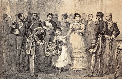 स्पेन की भविष्य की रानी इसाबेला II (बोर्बोन की इसाबेला) (1830-1904) (एस्पाना की इसाबेल II) ने स्पीयर्स ऑफ द गार्ड ऑफ द ऑर्डर ऑफ सेंट फर्डिनेंड (सैन फर्नांडो) के झंडे को सजाया। लिथोग्राफ। द्वारा अज्ञात कलाकार