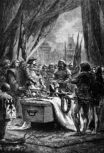 गवर्नर ने बर्ट्रेंड डू गुसेक्लिन (1320 - 1380) के ताबूत पर चेटेन्यूफ डी रैंडन की चाबियां रखीं, जो युद्ध के एक ब्रेटन आदमी और अंग्रेजी के खिलाफ एक फ्रांसीसी देशभक्त थे। 19वीं सदी की नक्काशी। द्वारा अज्ञात कलाकार
