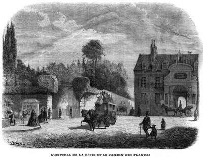 1858 में पेरिस में पिटी सालपेट्रीयर (PITIE-SALPETRIERE) का अस्पताल और पौधों का बगीचा। द्वारा अज्ञात कलाकार
