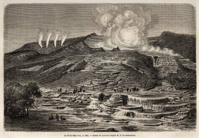 1858 से 1860 तक फर्डिनेंड डी होचस्टेटर की न्यूजीलैंड की यात्रा को चित्रित करने के लिए, ते ताराता का गर्म पानी का झरना, बाईं ओर, चार गीजर और दाईं ओर, लैंसलॉट द्वारा चित्रित, सफेद सिलिका के साथ छतों से घिरा हुआ है। Engr द्वारा अज्ञात कलाकार