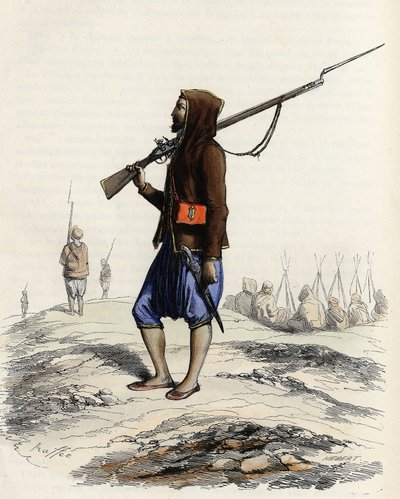 1830 के अल्जीयर्स अभियान के दौरान फ्रांसीसी सेना का विरोध करने वाले अमीर अब्द-अल-कादर की पैदल सेना। लियोन गैलिबर्ट द्वारा "" L'Algerie ancienne et Moderne" में द्वारा अज्ञात कलाकार