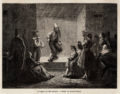 1862 में लंदन के गरीब इलाकों में एल.सिमोनिन द्वारा किए गए एक भ्रमण को चित्रित करने के लिए डूरंड ब्रेगर द्वारा चित्रित एक डांसिंग कैफे में जिटर। एडौर्ड चार्टन द्वारा संपादित "" ले टूर डू मोंडे "" में उत्कीर्णन द्वारा अज्ञात कलाकार
