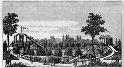1824 के आसपास पेरिस में नियाग्रा से रग्गेरी गार्डन, रुए सेंट-लाज़ारे की छलांग "" ला नेचर। विज्ञान और कला और उद्योग के लिए उनके अनुप्रयोगों की समीक्षा।" १८८८ द्वारा अज्ञात कलाकार
