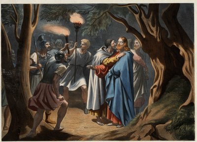 जैतून के गार्डन में यहूदा का चुम्बन। 19वीं सदी के मध्य से अनाम उत्कीर्णन। द्वारा अज्ञात कलाकार