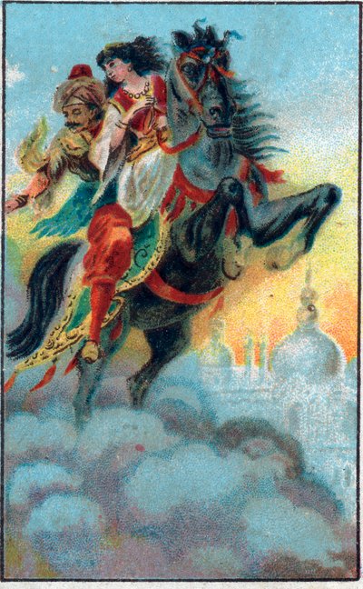 रिसाव। टेल "" मंत्रमुग्ध घोड़े का इतिहास "" "" द थाउज़ेंड एंड वन नाइट्स "" में (द १००१ नाइट्स या ले मिले ई उना नोट, अरेबियन नाइट्स)। 19वीं सदी के अंत की क्रोमोलिथोग्राफी द्वारा अज्ञात कलाकार