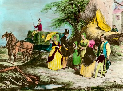 स्वामी और उसका किसान जागीर का स्वामी किसानों से मिलने जाता है। 19वीं सदी के निजी संग्रह की नक्काशी द्वारा अज्ञात कलाकार