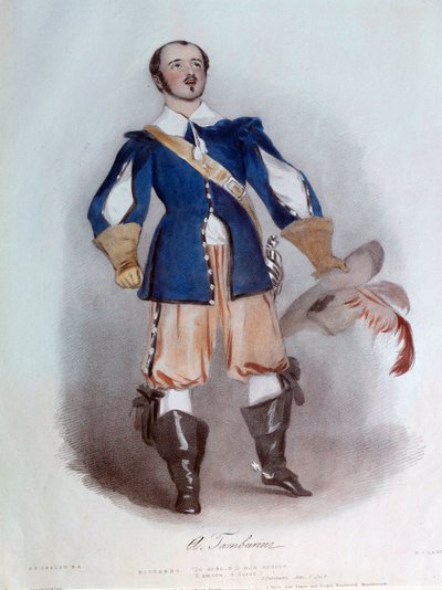विन्सेन्ज़ो बेलिनी (1801-1835), 1836 के जल रंग द्वारा ओपेरा "आई पुरीतानी" के लिए रिकार्डो की भूमिका में गेय गायक एंटोनियो टैम्बुरिनी (1800-1876)। पेरिस, ओपेरा संग्रहालय का पुस्तकालय द्वारा अज्ञात कलाकार
