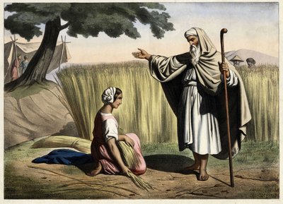 रूत और बोअज़ (बूज़) की मुलाकात, इस्राएल के राजा डेविड के दादा-दादी (1000-972 ईसा पूर्व)। 19वीं सदी के मध्य से अनाम उत्कीर्णन। द्वारा अज्ञात कलाकार