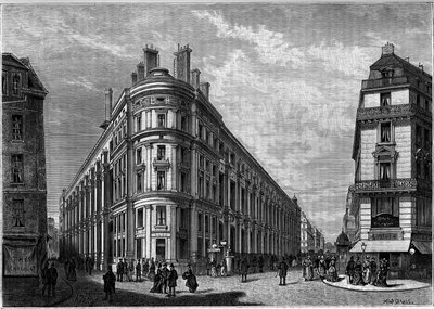 इसके पुनर्निर्माण के बाद पेरिस में नया Hotel des Postes de la Rue du Louvre। "" ला ज्यूनेसे "" पत्रिका में उत्कीर्णन द्वारा अज्ञात कलाकार