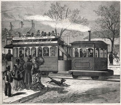 1876 में पेरिस में नई स्टीम ट्राम, सेंट-जर्मेन-डेस-प्रेज़ की लाइन पर चल रही थी, जो कि चैटिलन के दरवाजे पर थी, जिसमें बियानचेट्टी संग्रह उकेरा गया था। द्वारा अज्ञात कलाकार
