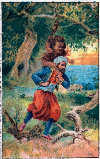 समुद्र का बूढ़ा आदमी। नाविक सिनाबाद (सिंदबाद) का अद्भुत रोमांच। 1001 रातों (एक हजार एक रात) की लोकप्रिय कहानी। 19 वीं शताब्दी के उत्तरार्ध की क्रोमोलिथोग्राफी। द्वारा अज्ञात कलाकार