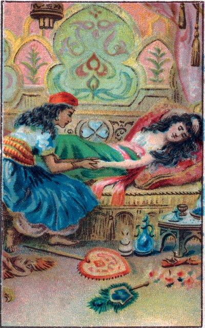 राजकुमारी बेहोश हो जाती है। टेल "" मंत्रमुग्ध घोड़े का इतिहास "" "" थाउजेंड एंड वन नाइट्स "" (द १००१ नाइट्स या ले मिले ई उना नोट, अरेबियन नाइट्स)। 19वीं सदी के अंत की क्रोमोलिथोग्राफी द्वारा अज्ञात कलाकार