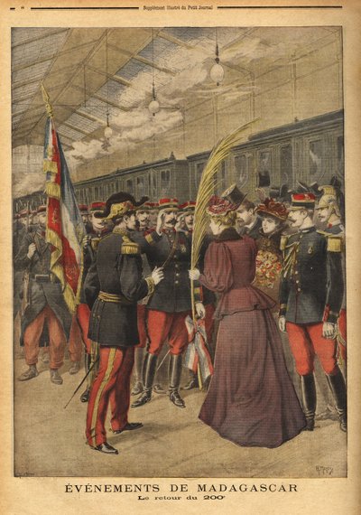 कर्नल ब्राइस बिज़ोट की 200 वीं रेजिमेंट (1848-1929) की पोर्ट वेंडर में वापसी, जहां पेर्पिग्नन की महिलाओं ने उन्हें अपनी वीरता का जश्न मनाने के लिए एक तिरंगा हथेली दी। "" ले पेटिट जर्नल "" 5/01/1896 में उत्कीर्णन। सेल्वा का संग्रह। द्वारा अज्ञात कलाकार